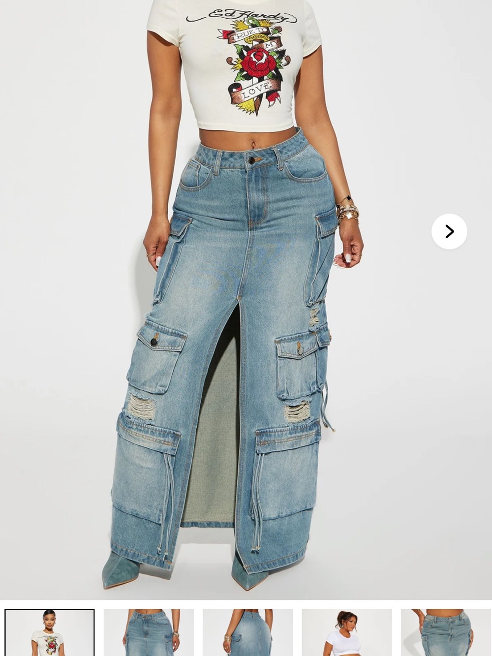 Fashion Nova Light Blue Denim Cargo Maxi Skirt